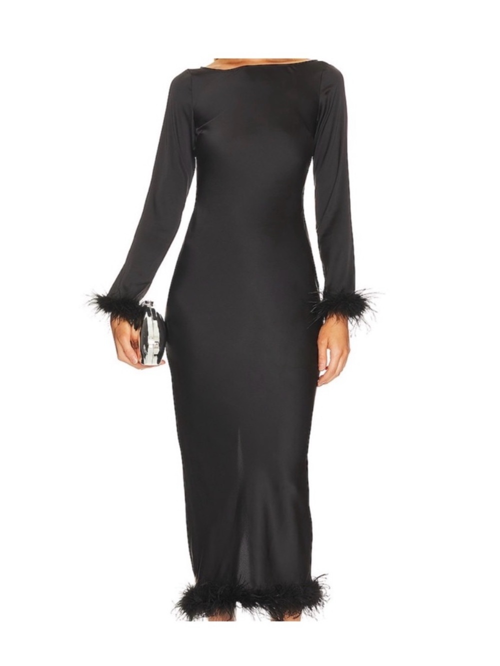 Lovers + Friends Black Feather-Trim Long Sleeve Maxi Dress